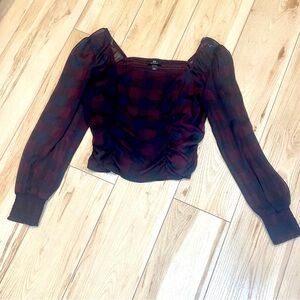 IN San Francisco Plaid Top Sz. L Ruched Sheer Sleeves Cropped Elastic Back